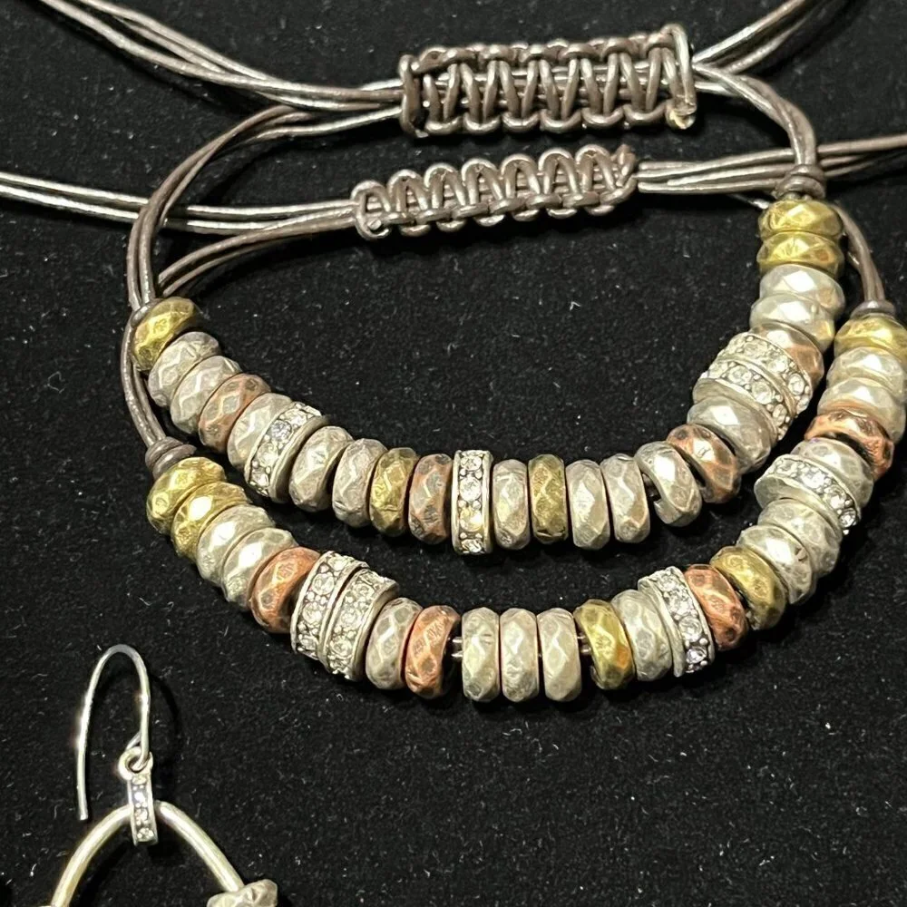Leather, Brass, Copper, Silver and Rhinestone Bangle Bracelets X2 with Earings